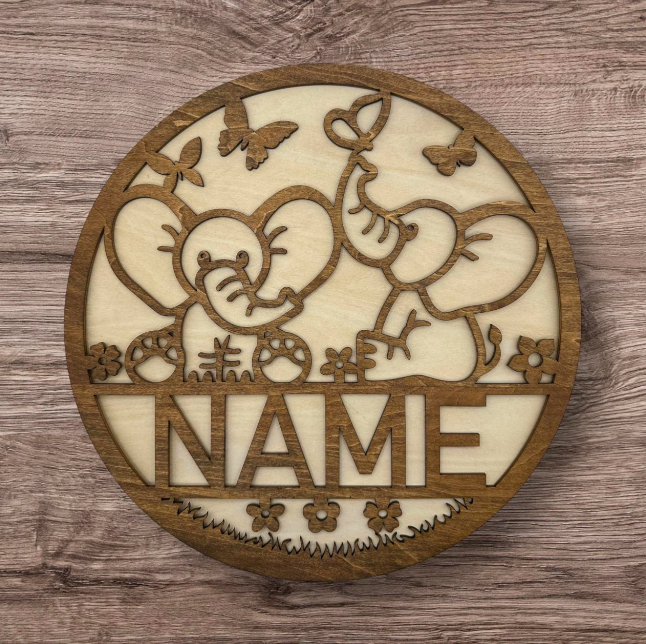 Personalized Wooden Name Sign (Cute Elephants)