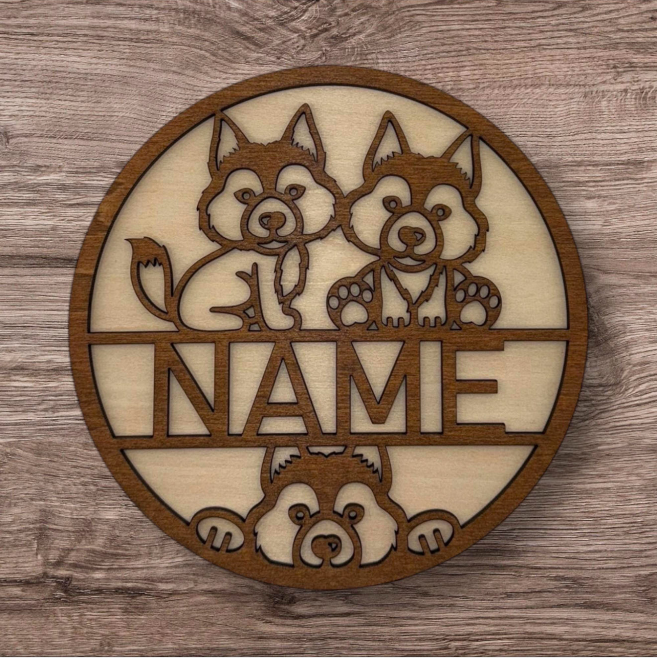 Personalized Wooden Name Sign (Cute Wolf)