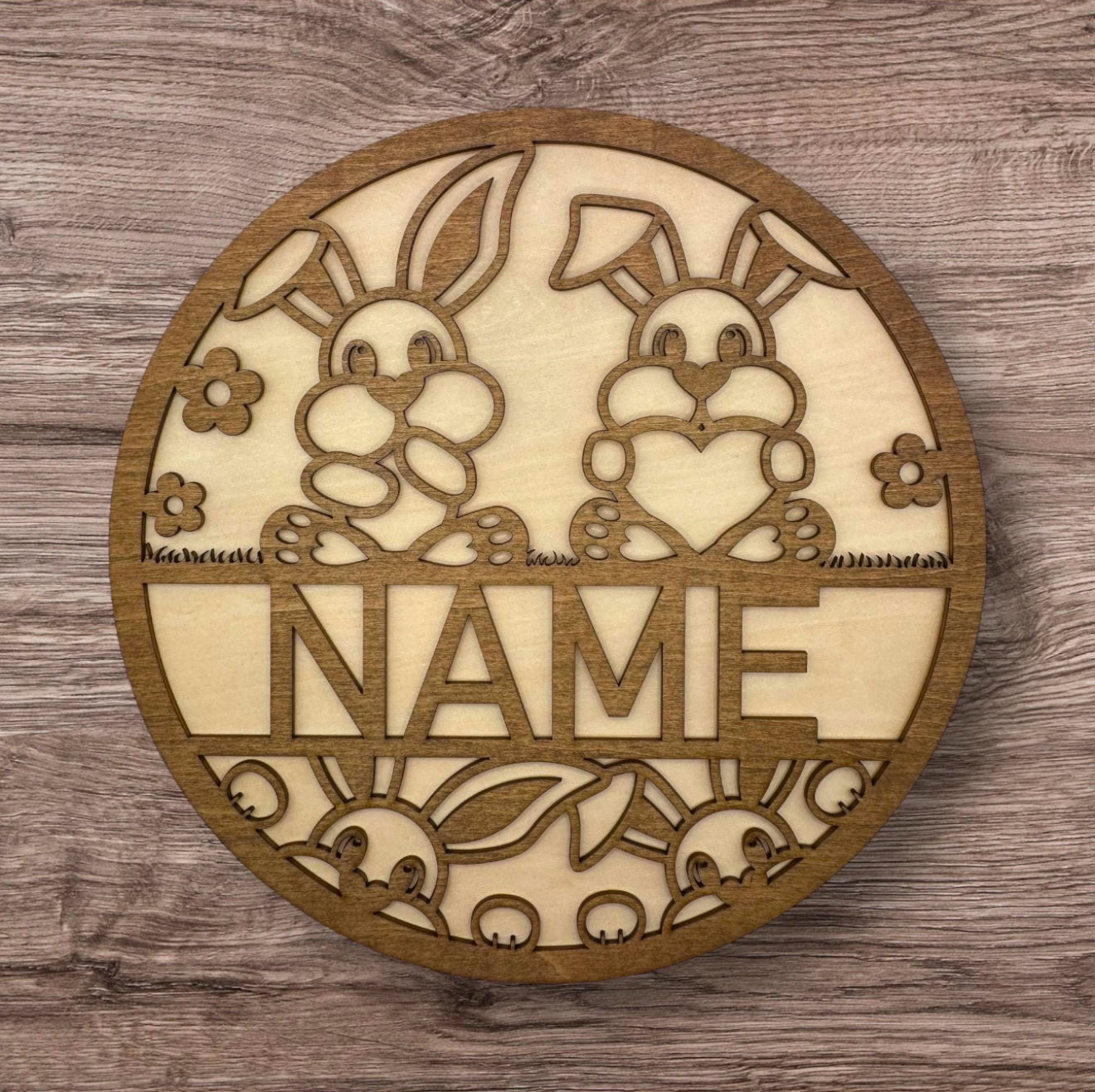 Personalized Wooden Name Sign (Cute Bunny With Hearts)