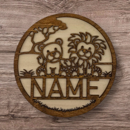 Personalized Wooden Name Sign (Cute Lions)