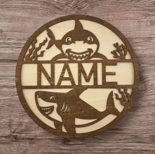 Personalized Wooden Name Sign (Cute Sharks)