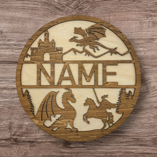 Personalized Wooden Name Sign (Dragon and Knight)