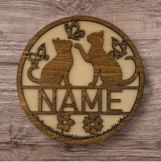 Personalized Wooden Name Sign (Cat and Butterflies)