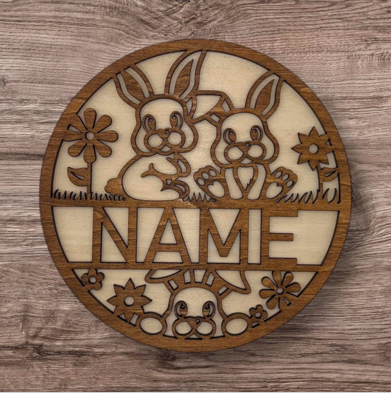 Personalized Wooden Name Sign (Cute Bunny With Flowers)