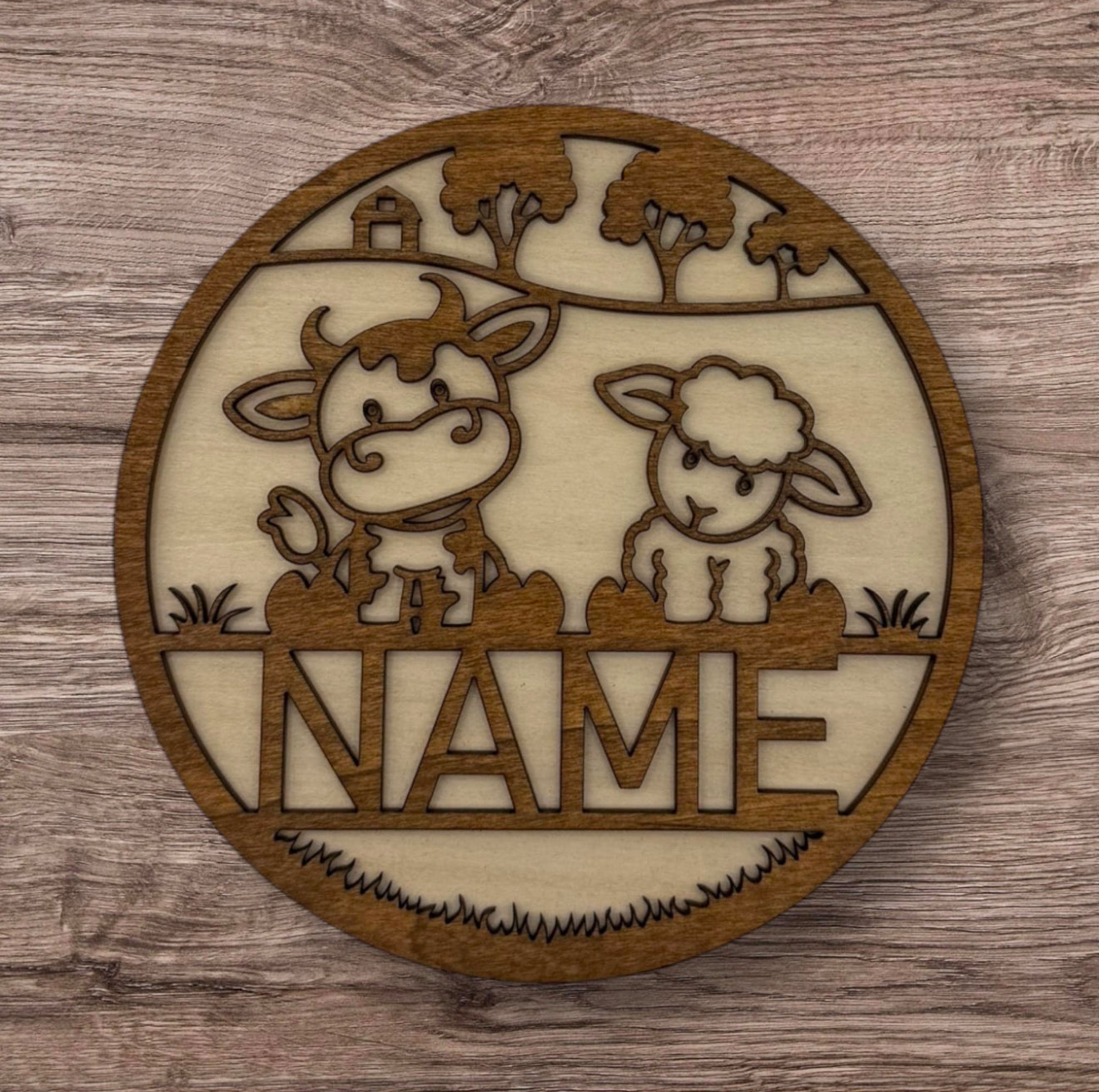 Personalized Wooden Name Sign (Cute Cow and Sheep)