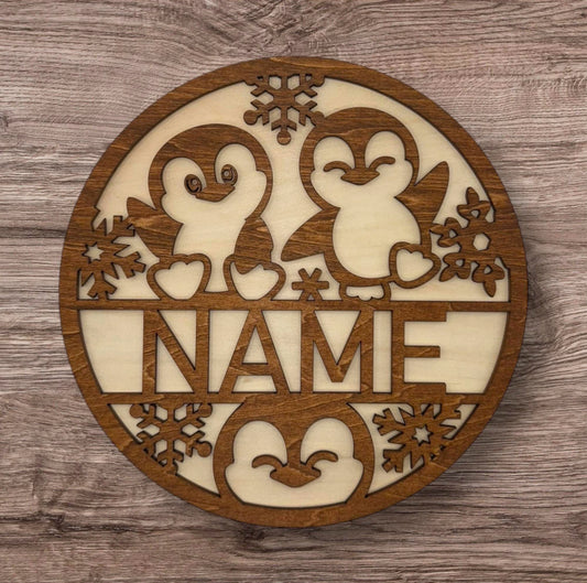 Personalized Wooden Name Sign (Cute Penguins)