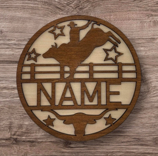 Personalized Wooden Name Sign (Rodeo Bull)