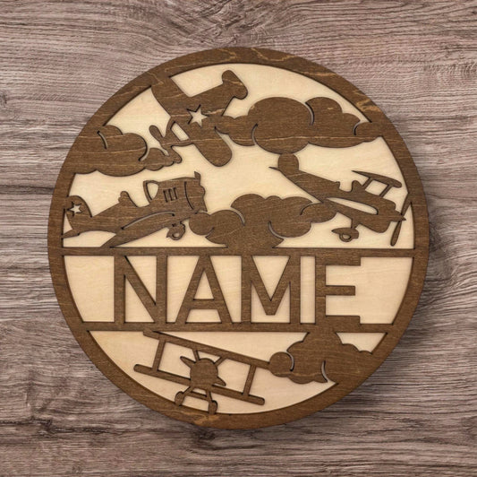 Personalized Wooden Name Sign (Vintage Planes)